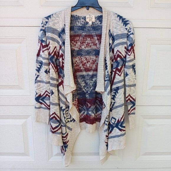 Hippie Rose Aztec Southwestern Open Cardigan Size Small Boho Cream Blue Red - Picture 1 of 4